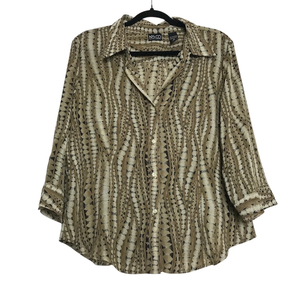 New York & Company Brown Animal Print 3/4 Sleeve Button Up Shirt Womens Sz XL